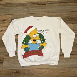 VTG 1990 Bart Simpson Peace On Earth Man Sweatshirt Adult LARGE White Christmas